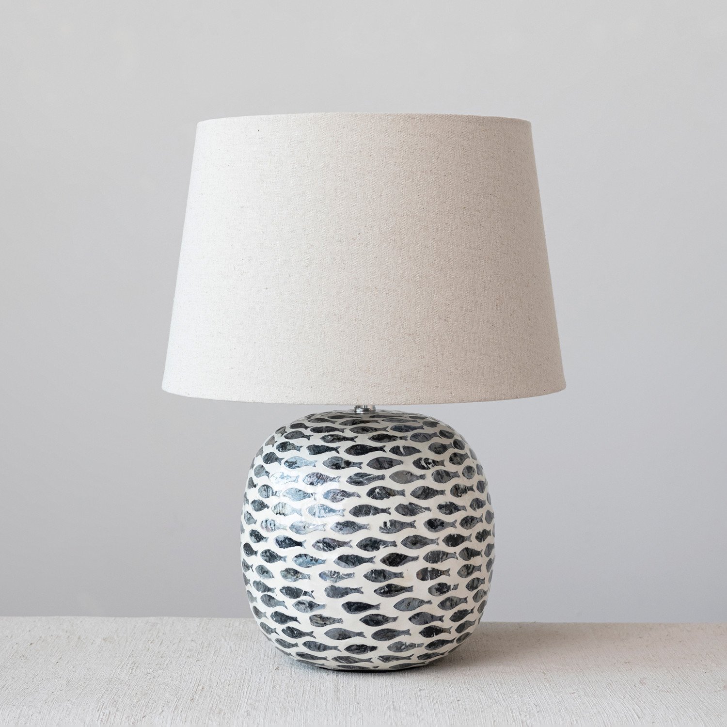 Capiz & Bamboo Table Lamp w/ Fish Pattern & Linen Shade Capiz & Bamboo Table Lamp w/ Fish Pattern & Linen Shade