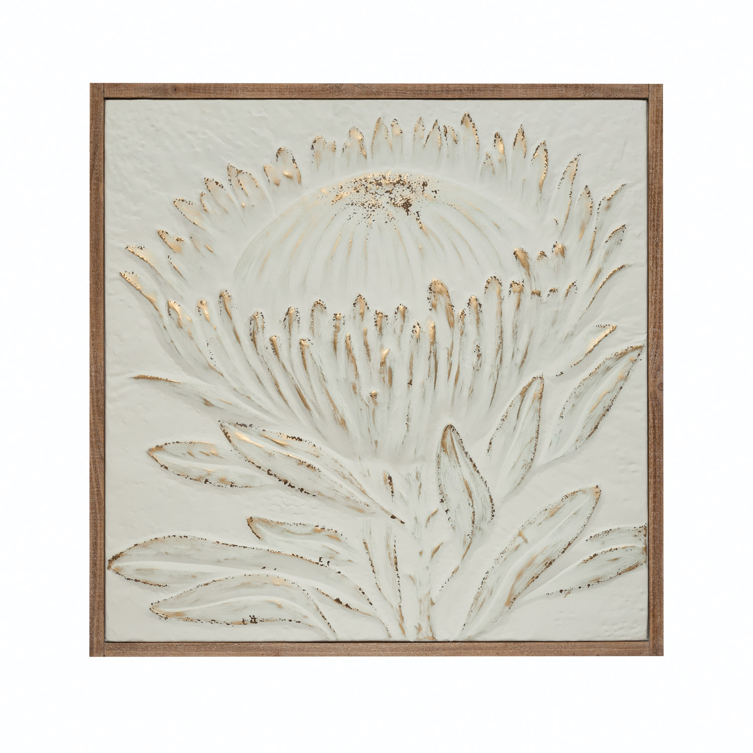 Wood Framed Metal Wall Decor with Embossed Protea, Antique White with