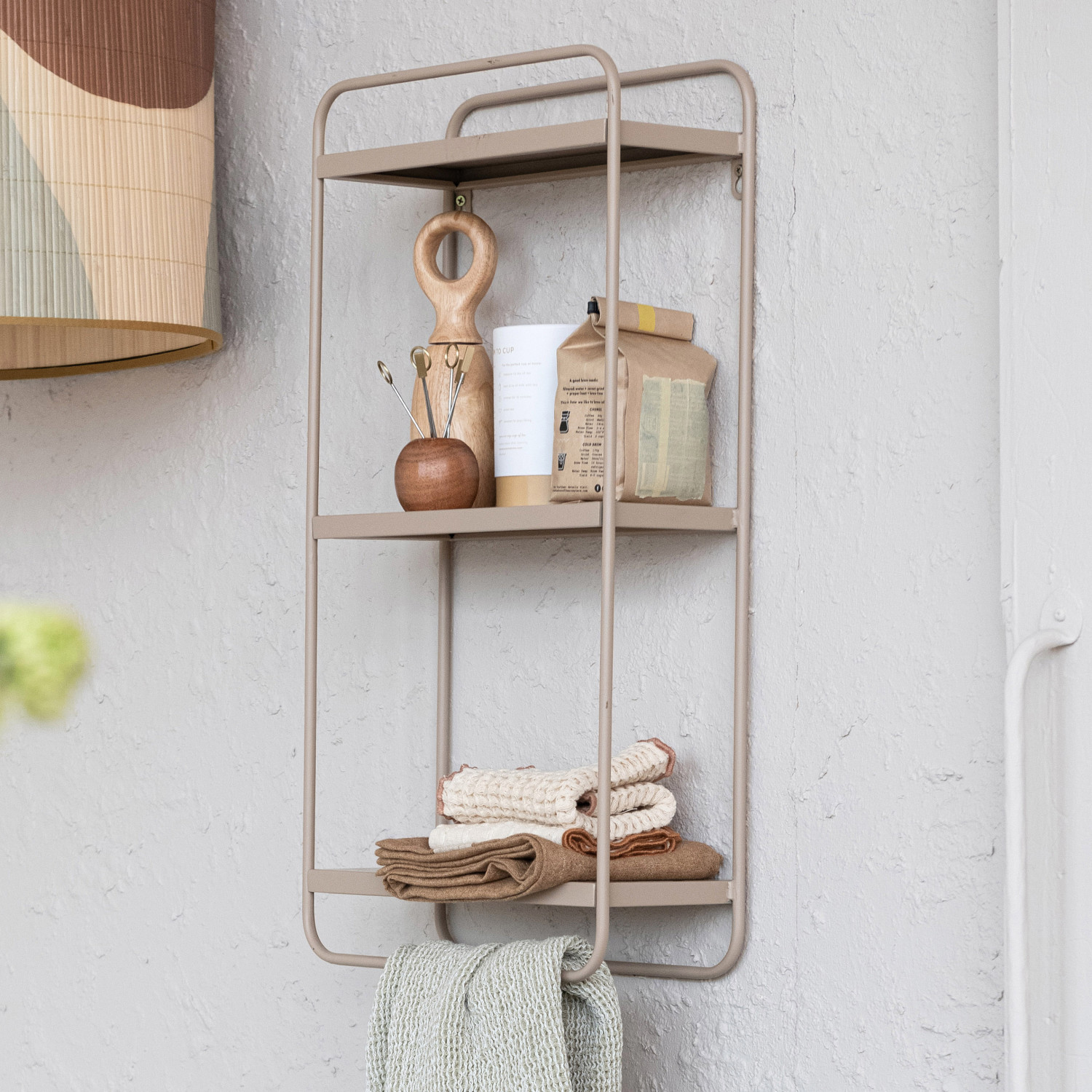 Double wood and metal wall shelf with towel rods online