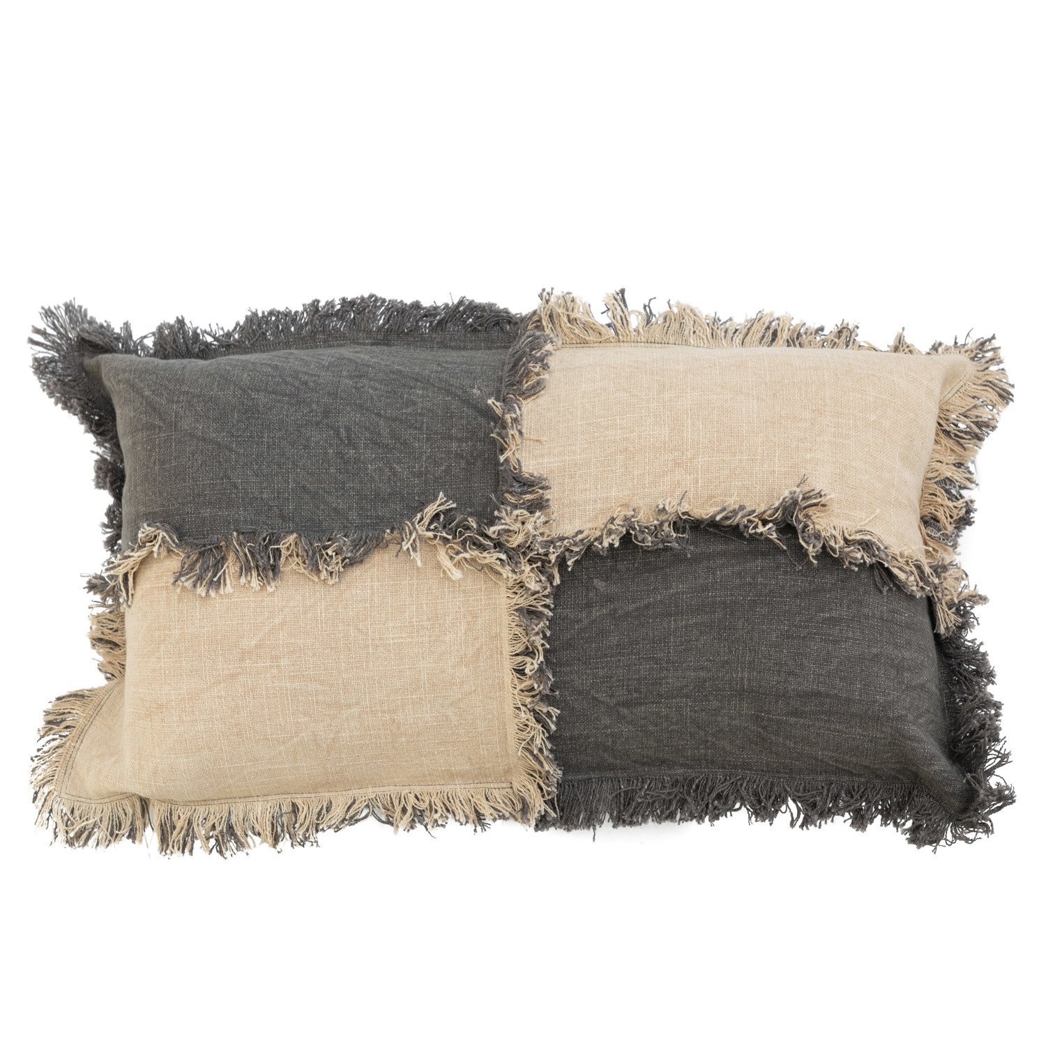 24 x 12 Woven Cotton Slub Color Block Lumbar Pillow w Fringe