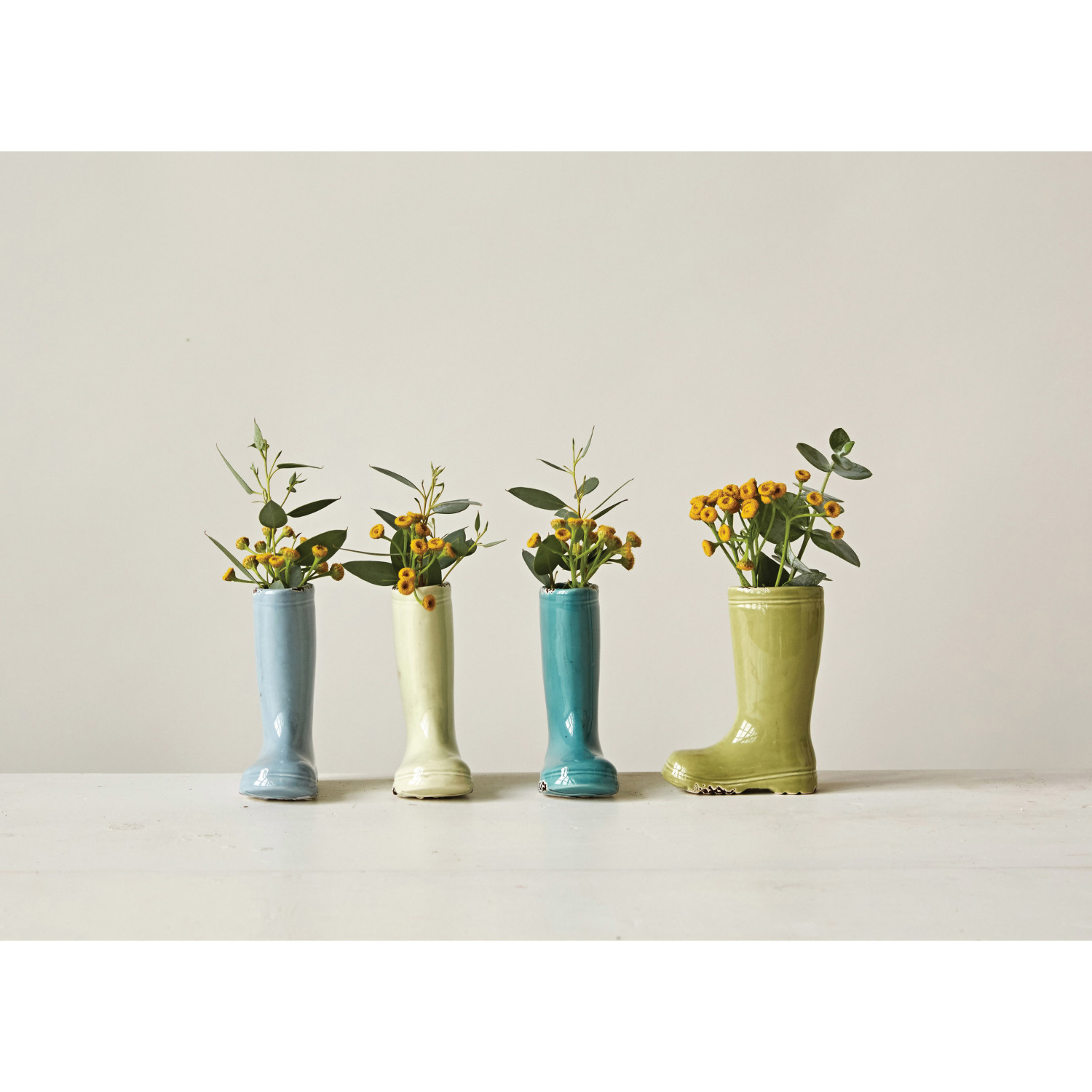 4"H Stoneware Boot Vase, Distressed Finish, 4 Colors