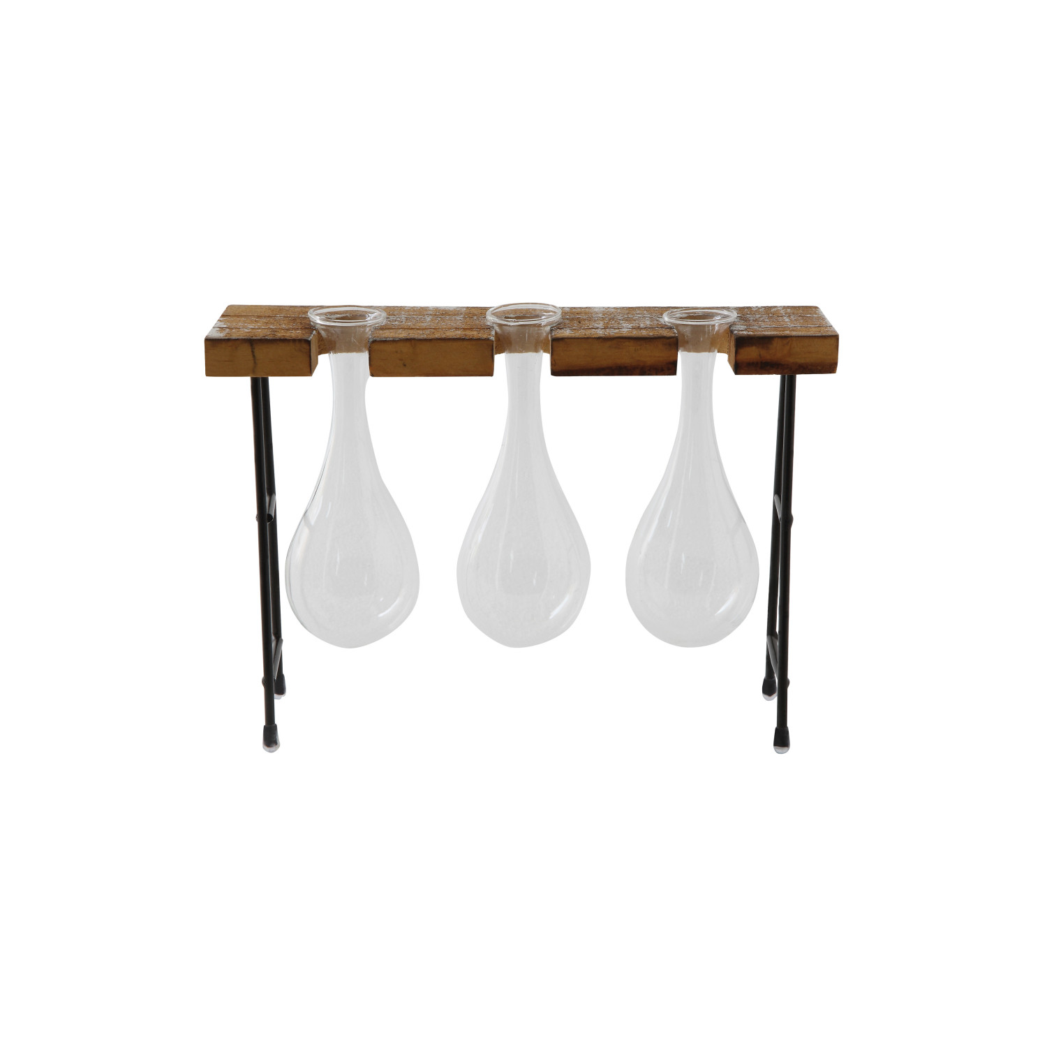 91/2"L x 21/2"W x 63/4"H Wood & Metal Stand w/ 3 Glass Vases