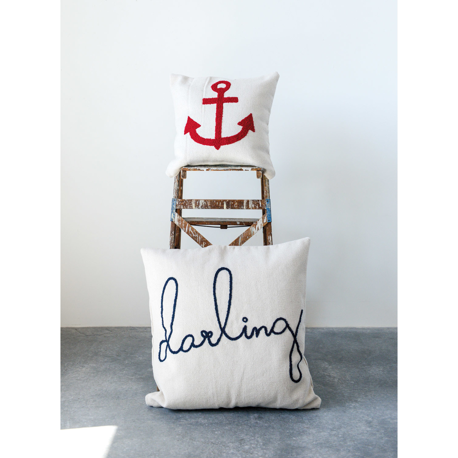 26" Square Cotton Pillow w/ Embroidered "Darling", Cream & Navy Color