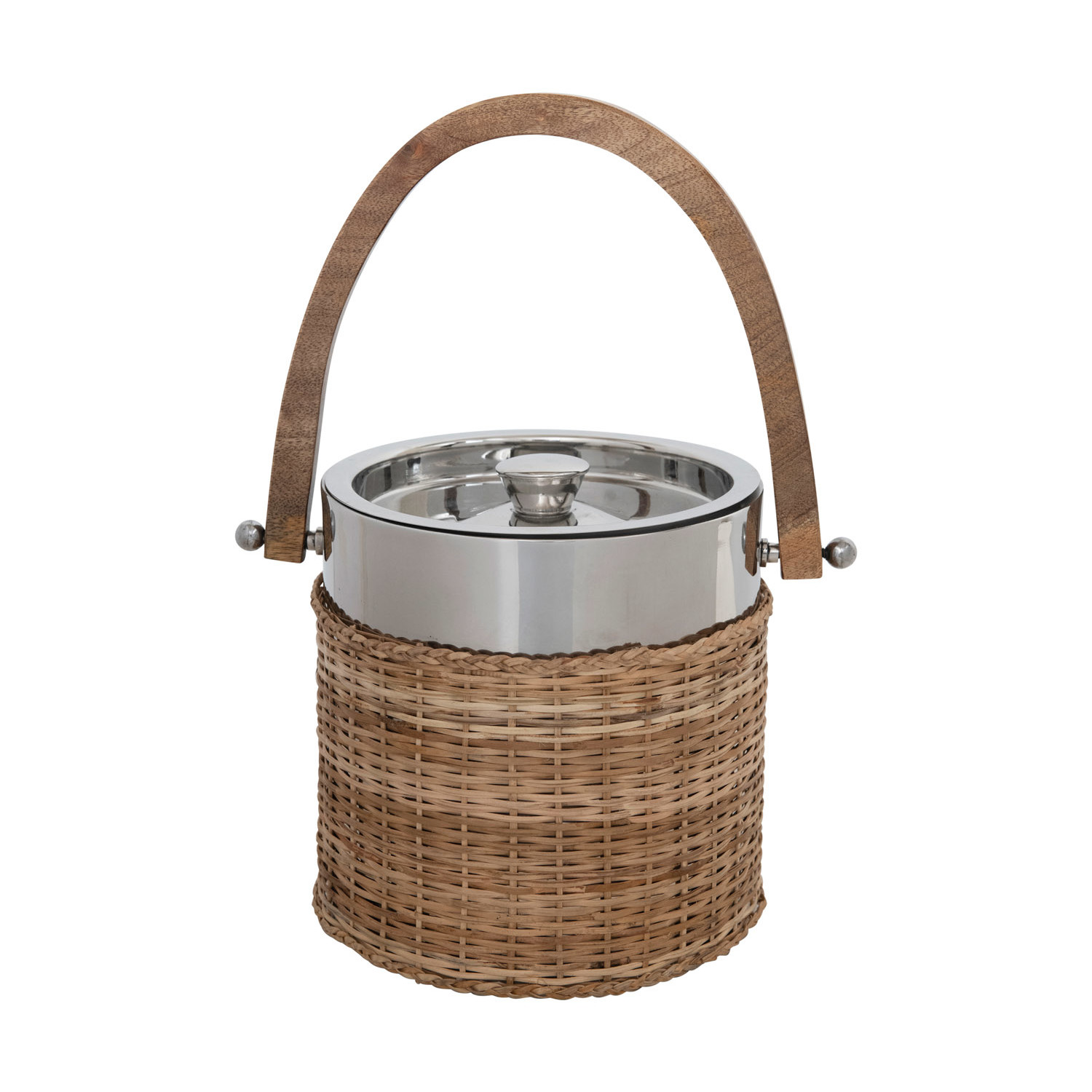 91/2"L x 7"W x 7"H 11/2 Quart Stainless Steel & Woven Rattan Ice Bucket w/ Mango Wood Handle