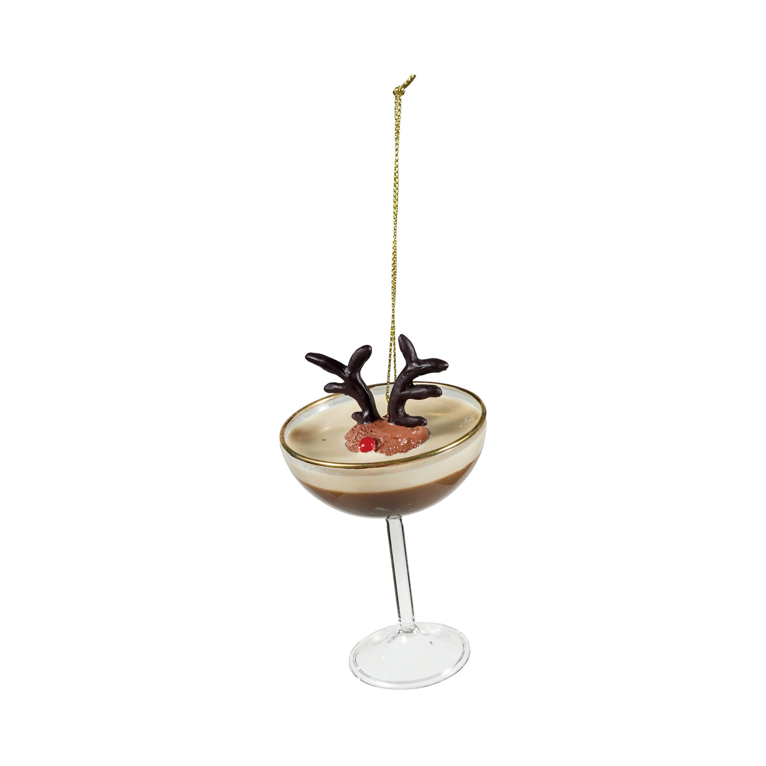 Glass Espresso Martini Ornament with Deer Head, Brown & Cream